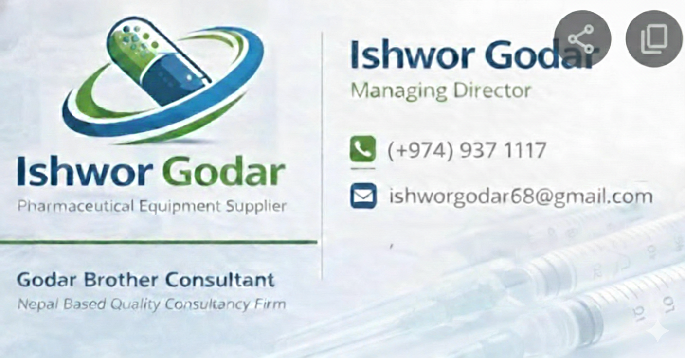 Ishwor Godar Business Card - Pharmaceutical Equipment Supplier